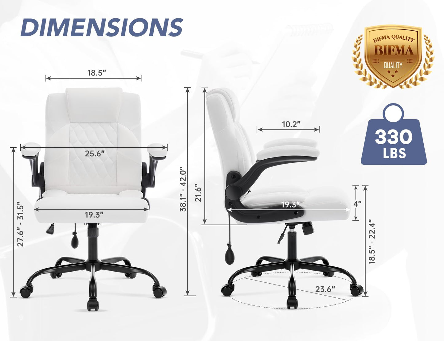 Office Chair with Adjustable Inflatable Lumbar Support,Leather Ergonomic Computer Desk Chair with Flip-up Arms,Adjustable Tilt Lock,Swivel Rolling Executive PC Chair for Work,Study,Meeting.White