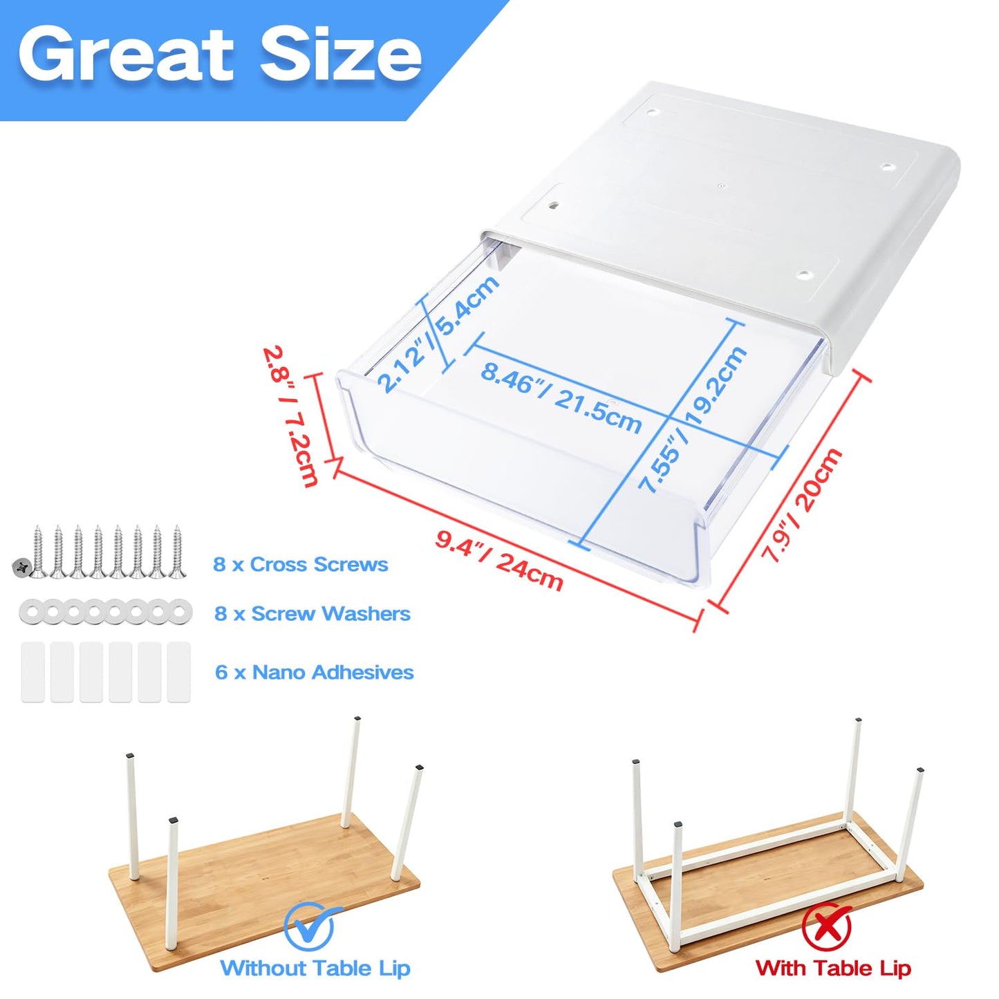 Self-adhesive Under Desk Drawer Organizer, 2 Pack Table Hidden Slide Out Large Storage Mounted Desktop Pencil Holder Tray Drawers for Office Home School Stationery Kitchen (Large, White)