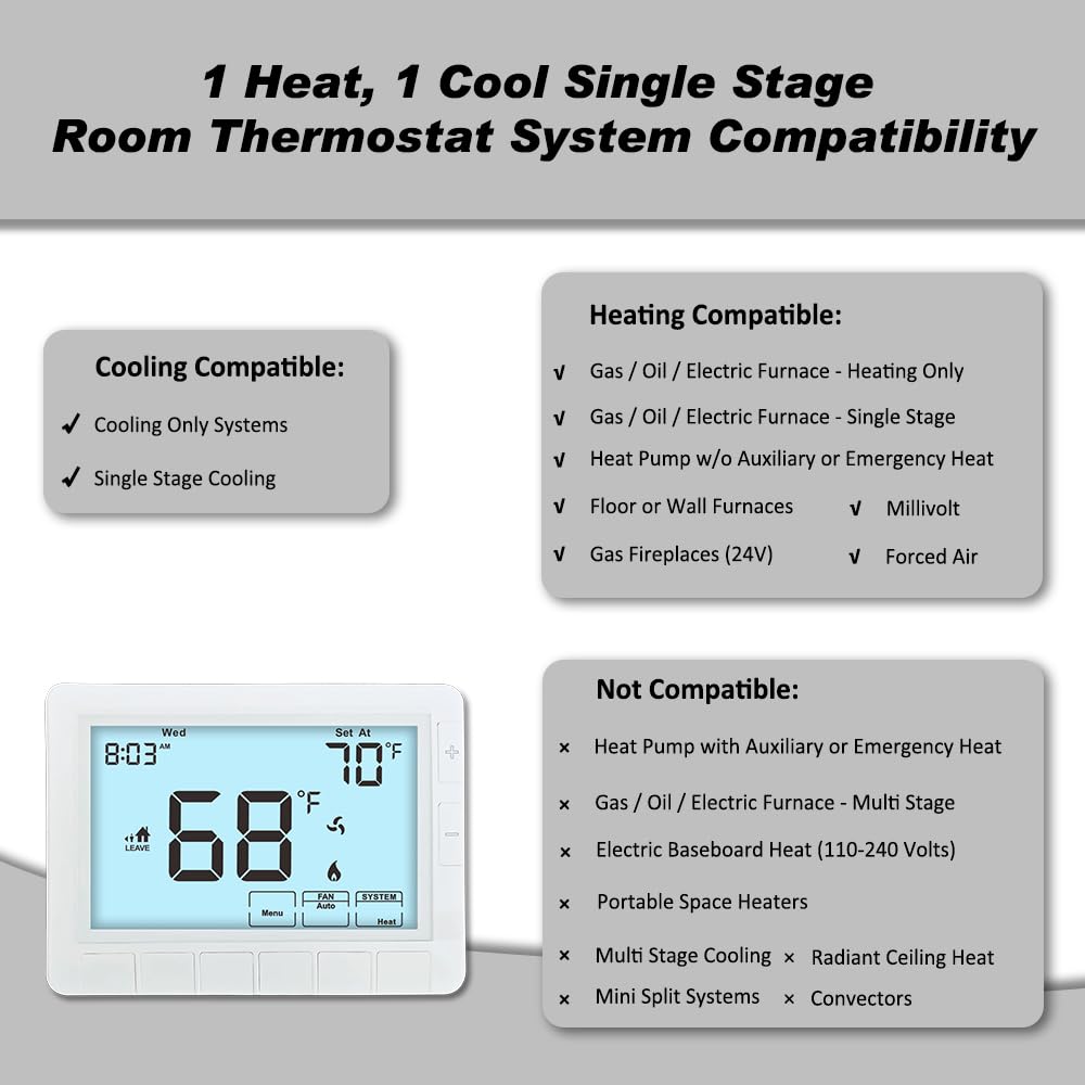 Programmable Auto Changeover Thermostat for House, Conventional Single-Stage Systems,1 Heat/1 Cool, Extra Large Display, Smart Auto Switching, White Backlight