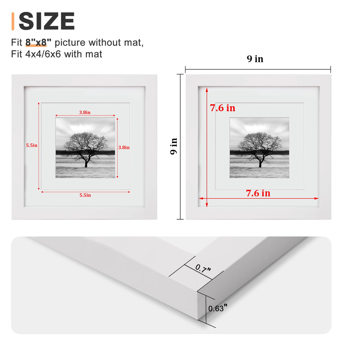 Egofine 8x8 Picture Frames 4 PCS - Made of Solid Wood Covered by Plexiglass for Table Top Display and Wall Mounting Photo Frame for Pictures 4x4/6x6 with Mat White