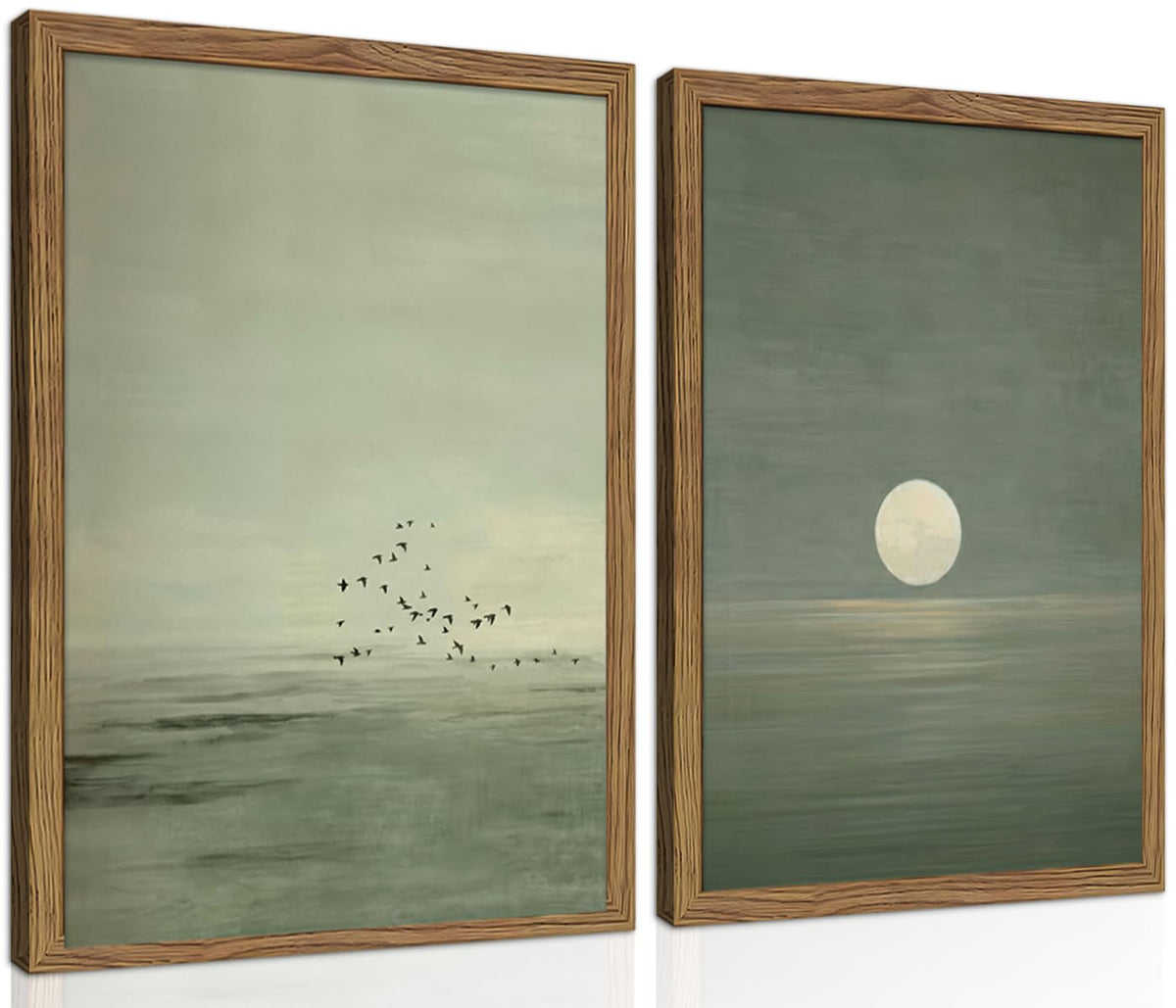 Framed Japanese Zen Wall Art Set of 2, Minimalist Sage Green Flying Duck Canvas Wall Decor Paintings, Modern Sunset Landscape Artwork Prints Picture for Living Room Bedroom Bathroom 12x16 Inch