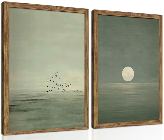 Framed Japanese Zen Wall Art Set of 2, Minimalist Sage Green Flying Duck Canvas Wall Decor Paintings, Modern Sunset Landscape Artwork Prints Picture for Living Room Bedroom Bathroom 12x16 Inch