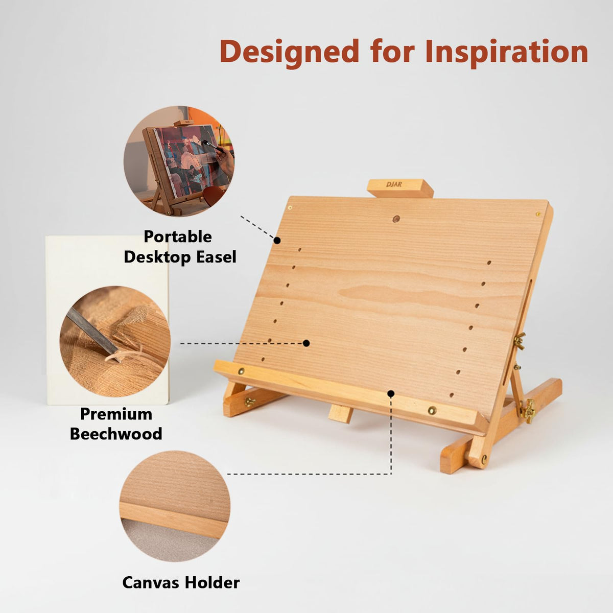 DJAR Tabletop Easel for Painting, Adjustable Solid Beech Wood Table Top Easel Stand for Artists & Adults, Sketching Drawing Board Hold Canvas up to 23", Natural