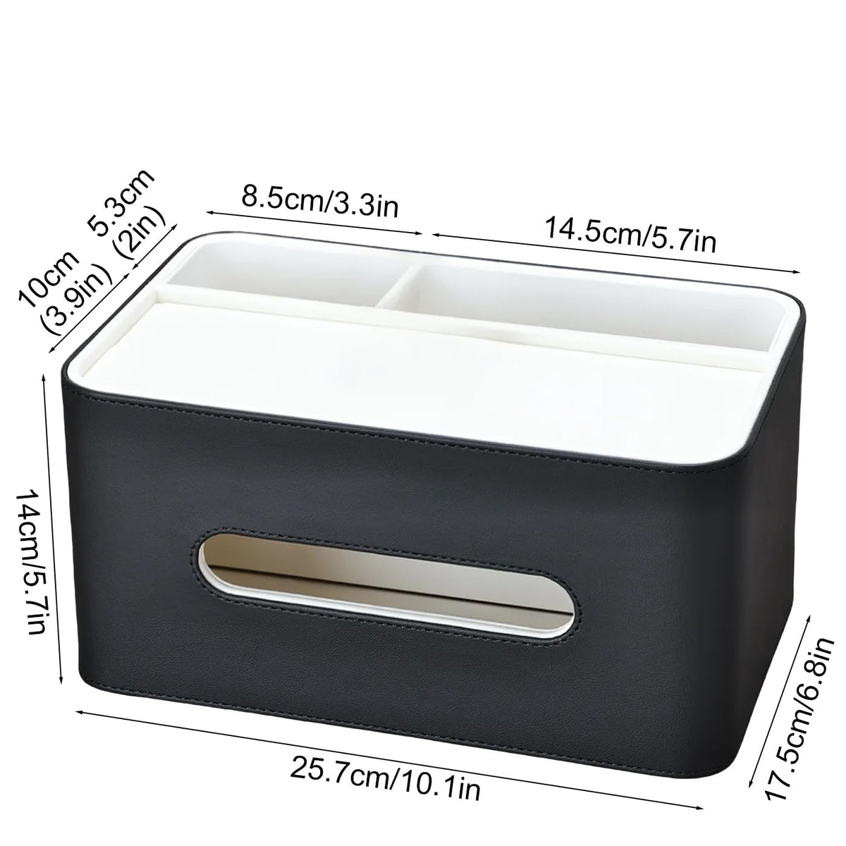 PU Leather Tissue Box Cover Rectangular with Storage Organizer Tray, Multifunctional Remote Control Holder, Desk Organizer for Living Room, Bedroom, Office, Decorative Tissue Holder Black