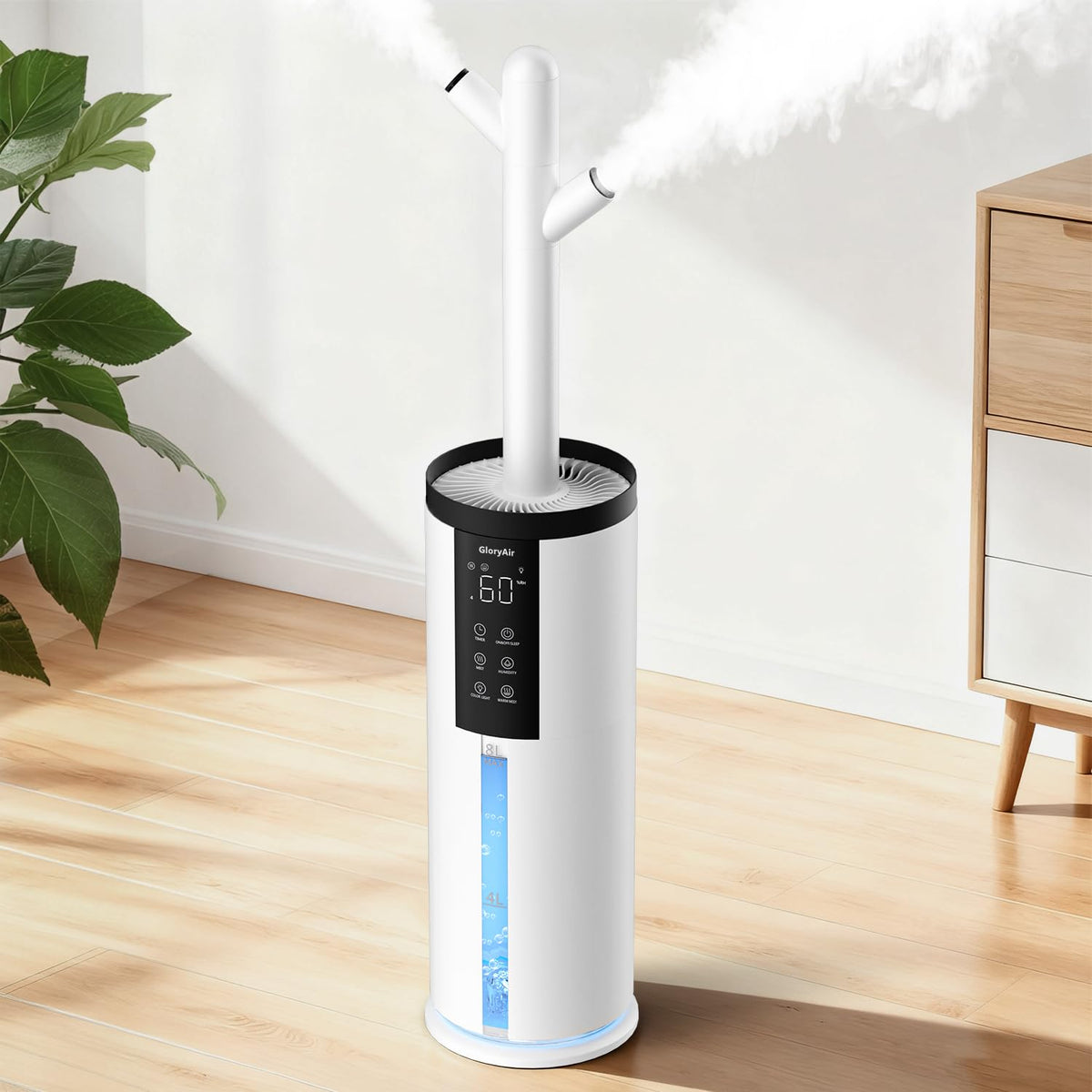 Humidifiers for Bedroom - GloryAir 2.11Gal (8L) Quiet Top Fill Cool & Warm Mist Humidifier Large Room 650 ft² with Humidistat, diffuser, Auto Mode, 7-Color Light for Plants, Baby,Adults, Office & Home