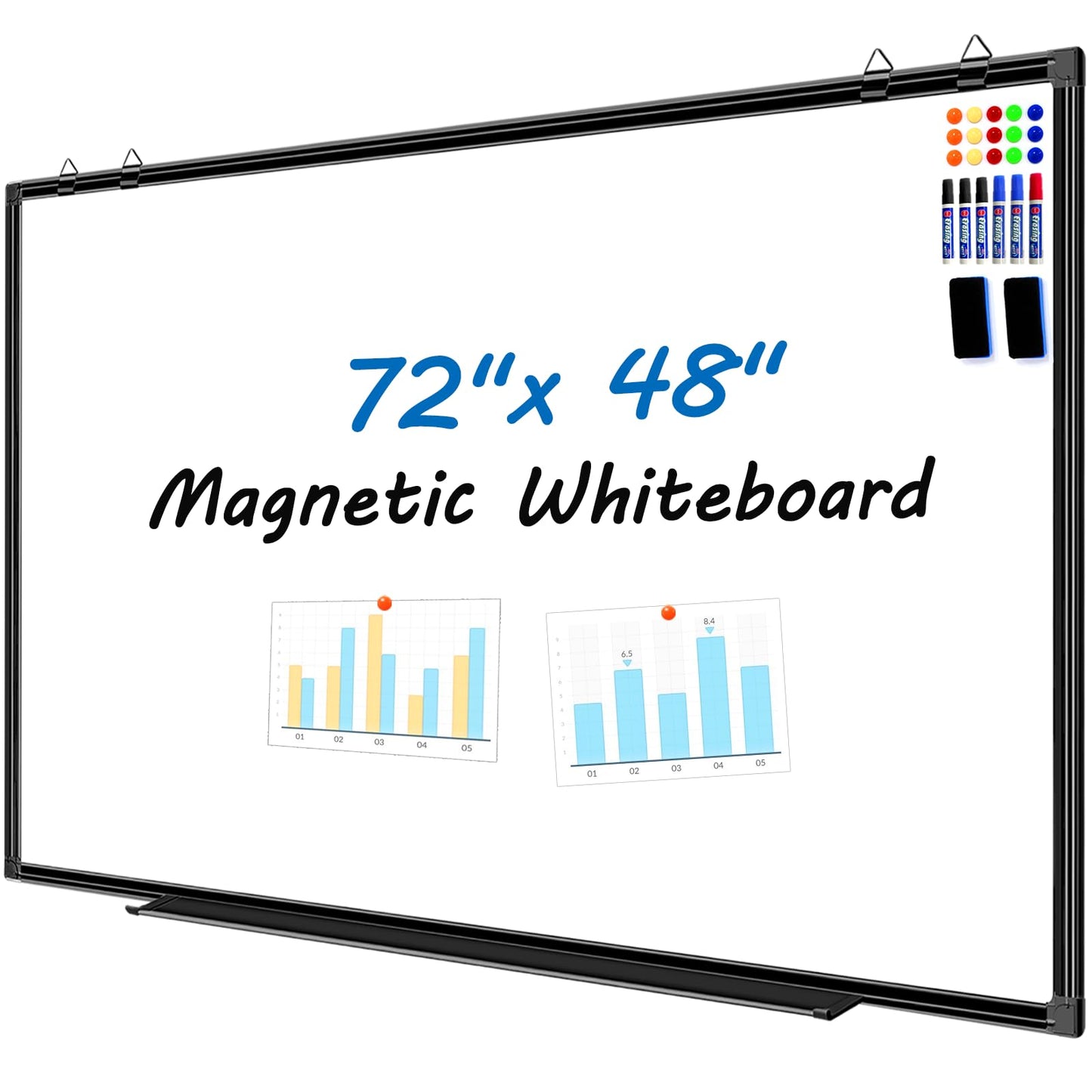 H-Qprobd 6'x4' Large Magnetic White Board Dry Erase Whiteboard with Black Aluminum Frame, 72"X48" Magnet Presentation Wall Boards for Office, Classroom, School, Home