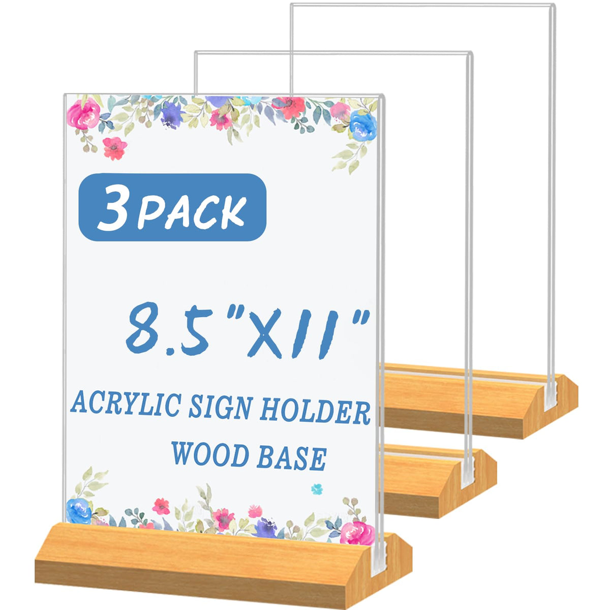 QLKGWEA 3 Pack Acrylic Sign Holder 8.5 x 11 Inch, Wood Base Signs Stand for Menu Flyer Display, Table Clear Plastic T Shape Holder for Stores, Restaurants, Hotels, Office