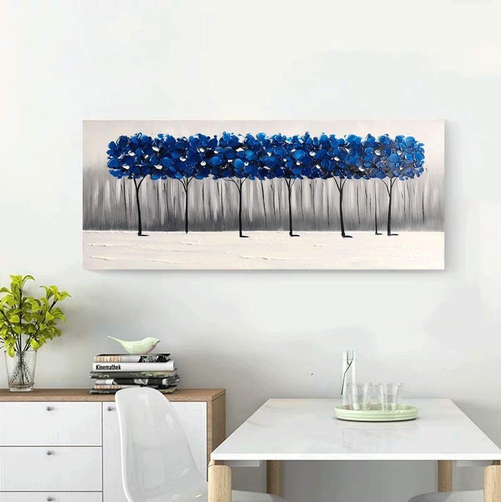 Yihui Arts Hand Painted Blue Tree Landscape Oil Painting on Canvas, Modern Abstract Wall Art for Living Room, Bedroom, Office Decor