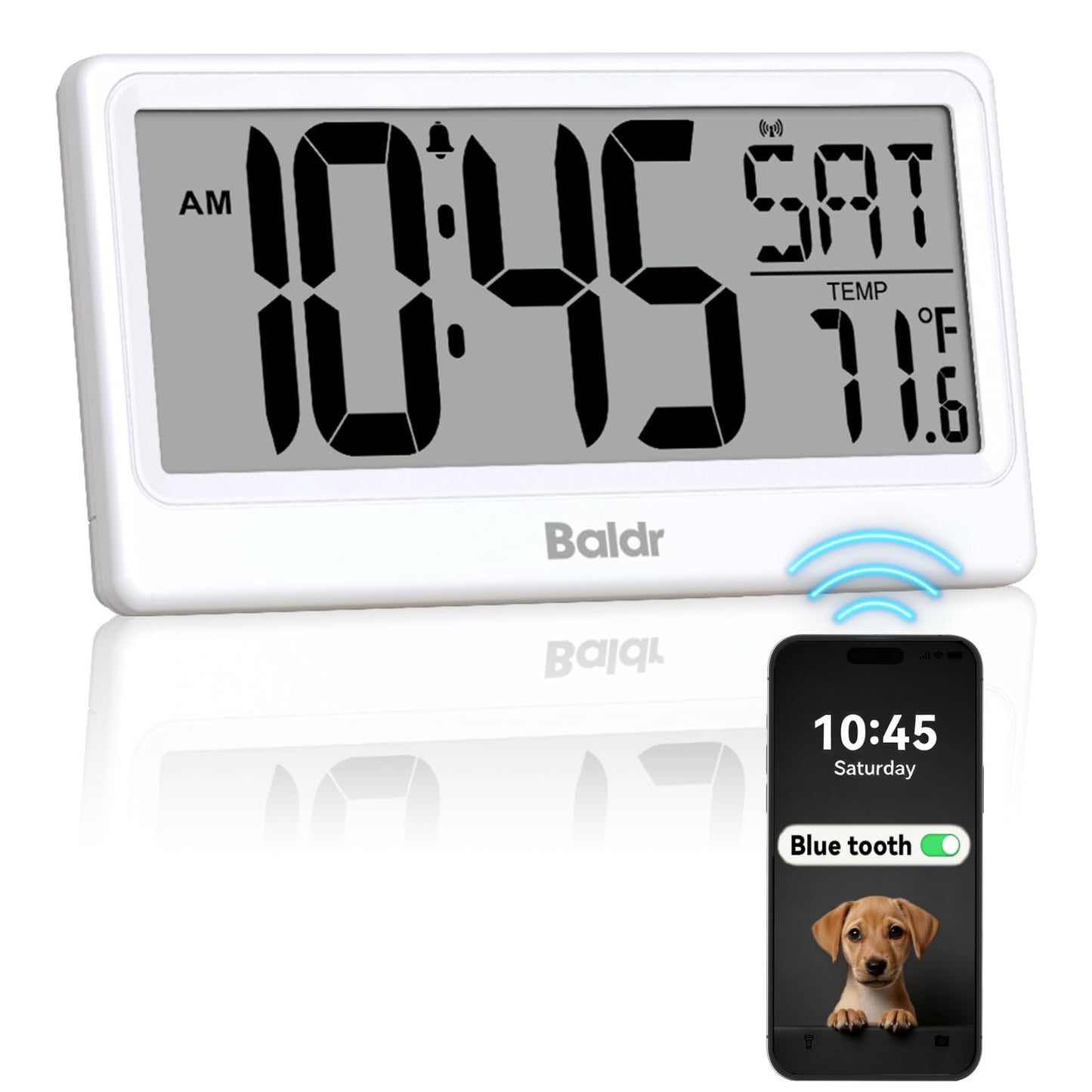 Baldr Digital Clock with Bluetooth Auto Time Sync, No App Required, Large Display Non-Backlit Desktop Alarm Clock, Battery Operated, Temperature & Weekday, Wall or Desk Clock for Home Office, White