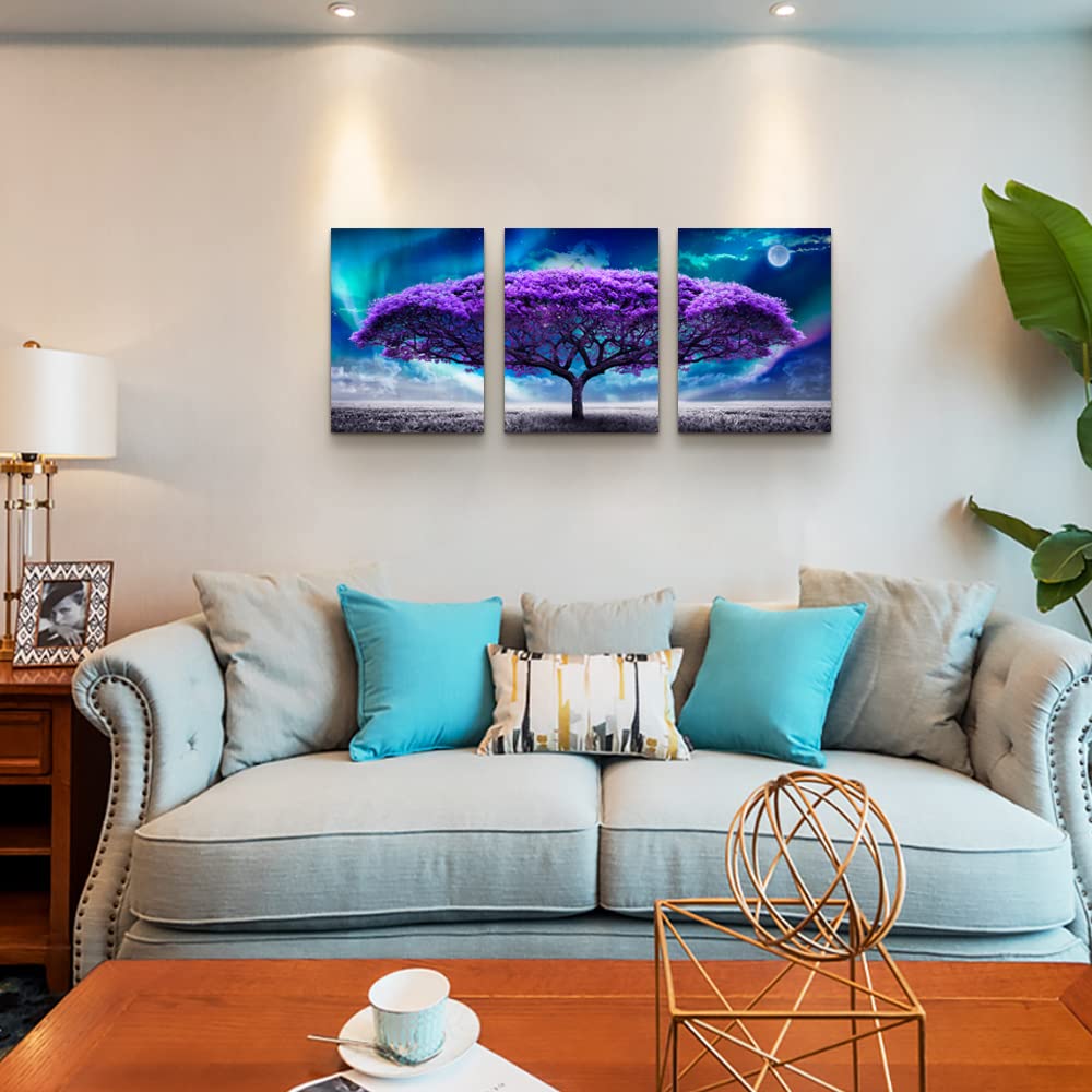 Lapremoly Canvas Wall Art For Living Room Boho Decor Bedroom Farmhouse Pictures Aurora Purple Tree Scenery Paintings Office Prints Dormitory Home Decorations 12'' X 16'' 3 Piece