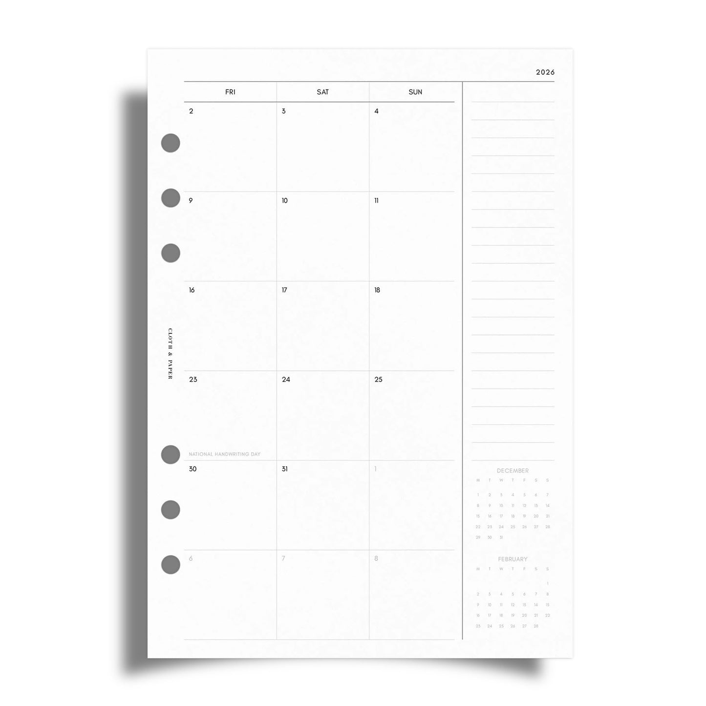 Cloth & Paper 2026 Monthly Planner Inserts - A5 Size 5.8x8.3 Inches, 6-Ring Planner Refills, Monday Start, 29 Double-Sided Pages, Thick Premium Paper, January-December, Minimalist Monthly Organizer