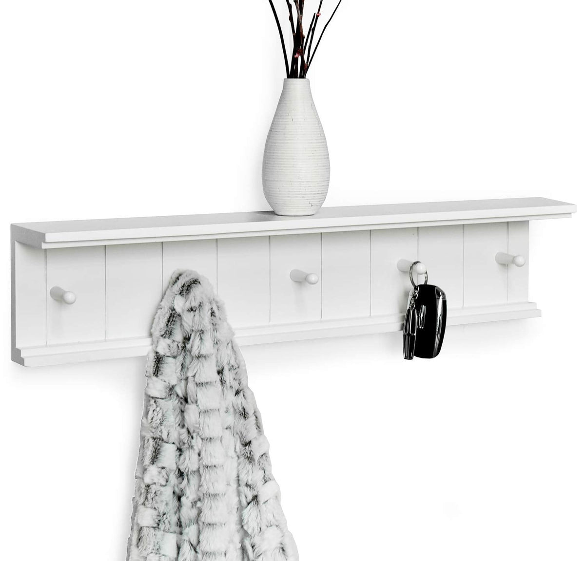 Greenco Entryway Wall Mounted Floating Shelf with Wooden Peg Style Hooks, Hat and Coat Hanging Storage Shelf, 24” – White