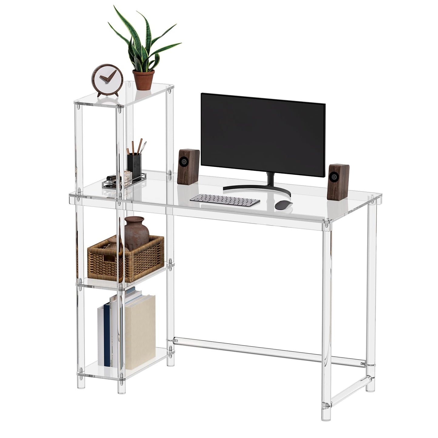 Eglaf Acrylic Desk with 4 Tier Storage Shelves - Modern Computer Desk, Reversible Side Shelf, Easy Assembly, 41.3" L x 19.7" W x 29.5" H, Clear