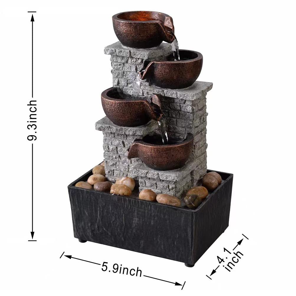 Kalona 4-Tier Indoor Waterfall Tabletop Fountain with LED Lights and Natural Rocks, Cascading Bowl Desk Fountain for Home and Office Decoration, Relaxing Water Feature (21132B)