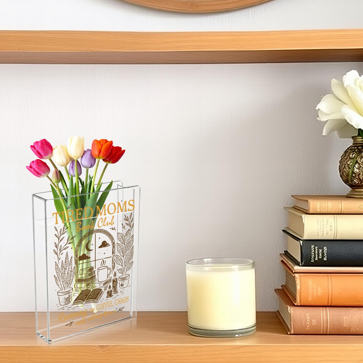 Moms Book Flower Vase Mothers Day Birthday Book Lover Gifts for Mom Mother from Daughter Son Coffee Chaos and Chapters Tired Moms Funny Acrylic Book Shaped Vase Decor for Home Office Table Vase 3804