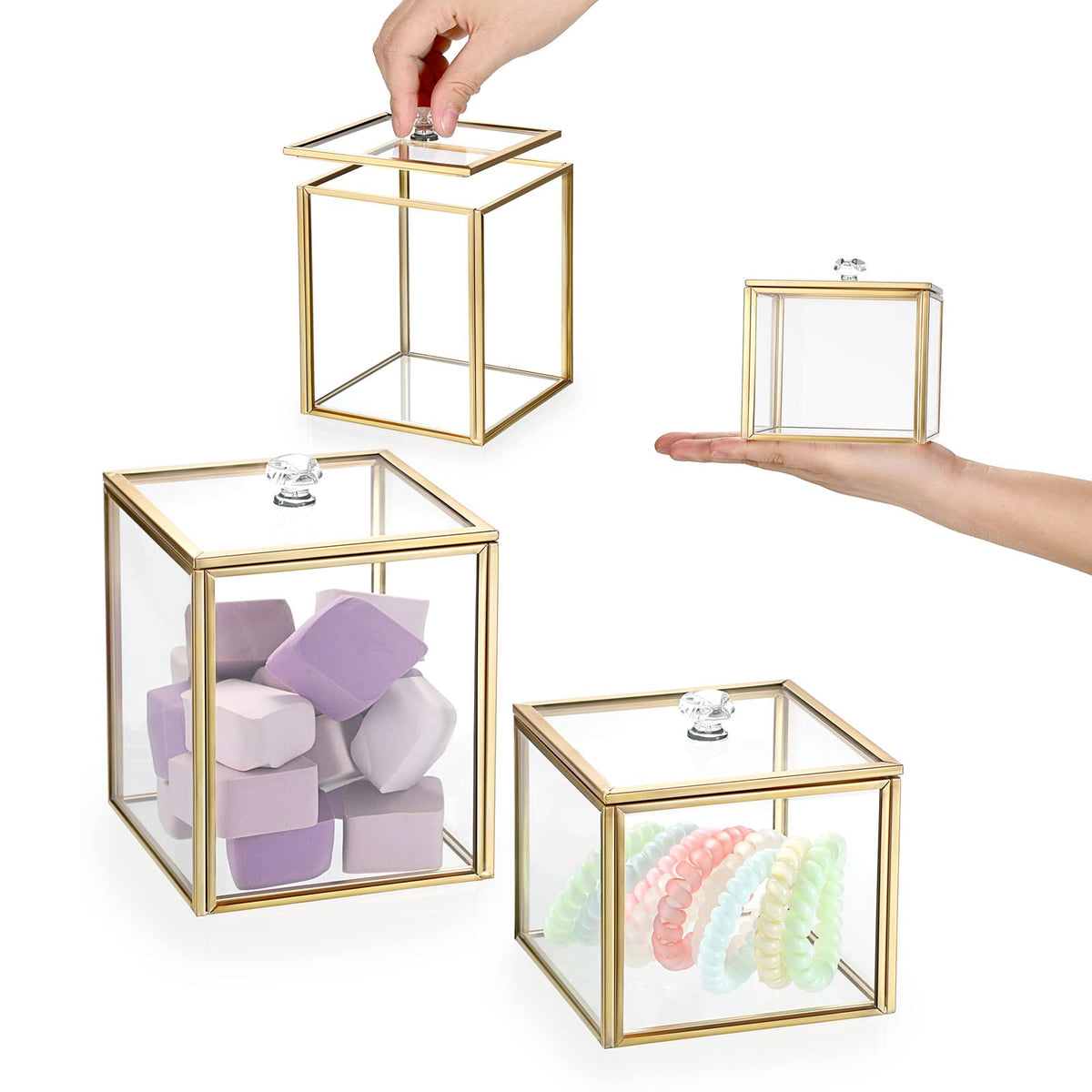 Hipiwe 2 Pack Glass Qtip Holder Dispenser With Lid Gold Bathroom Containers for Cotton Balls Makeup Sponges Bath Salts Candles Vanity Canisters Countertop Storage Organizer Jar