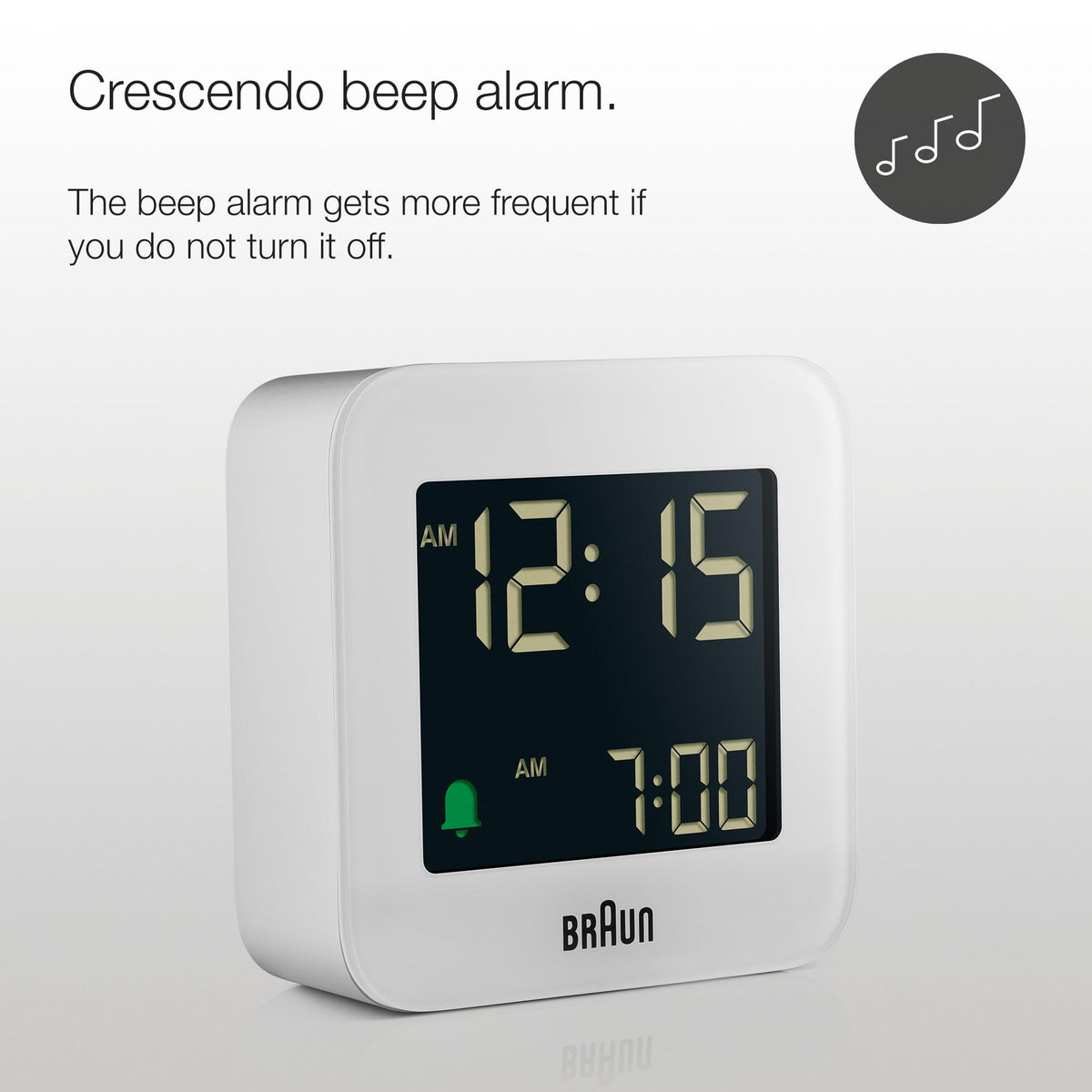 Braun Digital Travel Alarm Clock with Snooze, Compact Size, Negative LCD Display, Quick Set,Crescendo Beep Alarm in White, Model BC08W.