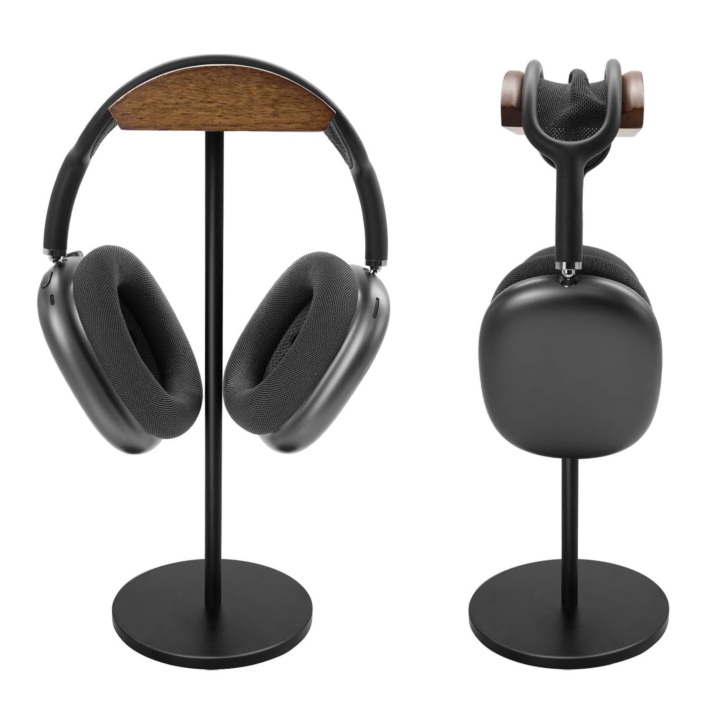 GEVO Headphone Stand for Desk, Walnut Wood & Aluminum Headset Stand, Universal Walnut Gaming Headset Holder with Solid Heavy Base for AirPod Max, Bose, Sony All Headphone Sizes (Circular Base)