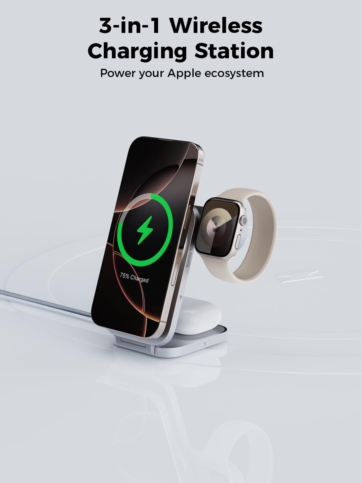 AMEGAT MagFusion Z 3-in-1 Charging Station Compatible with MagSafe, 15W Wireless Charger Foldable Qi2 Certified, Magnetic Charger for iPhone 17/16/15/14/13/12, AirPods 4/3/2/Pro, Apple Watch, Silver