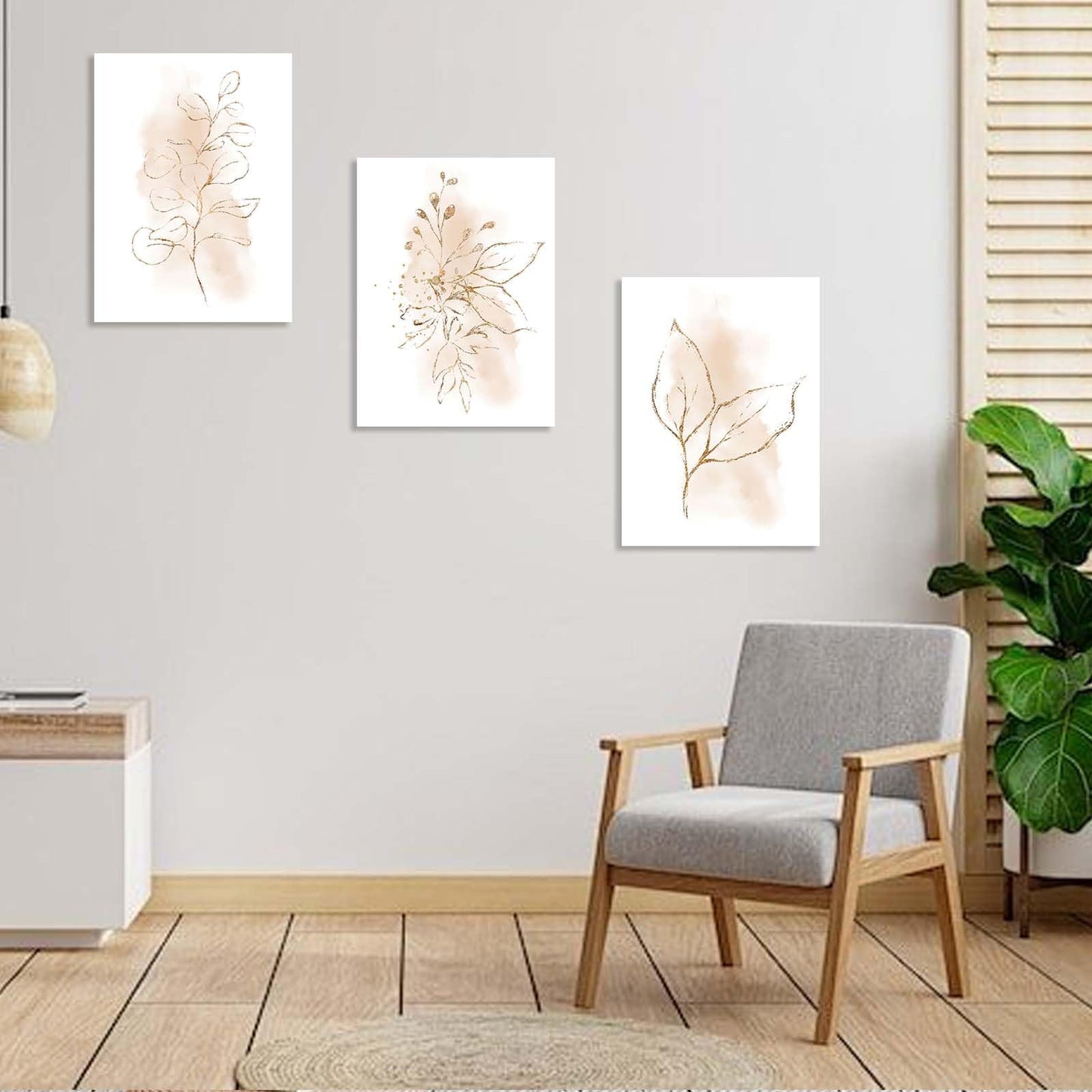 3 Piece Wall Art Framed Canvas Wall Art Neutral Botanical Line Drawing Pictures Wall Decor Beige Minimalist Leaf Artwork for Living Room Bedroom Bathroom Office – Ready to Hang with Hooks and Nails, 12x16 Inch