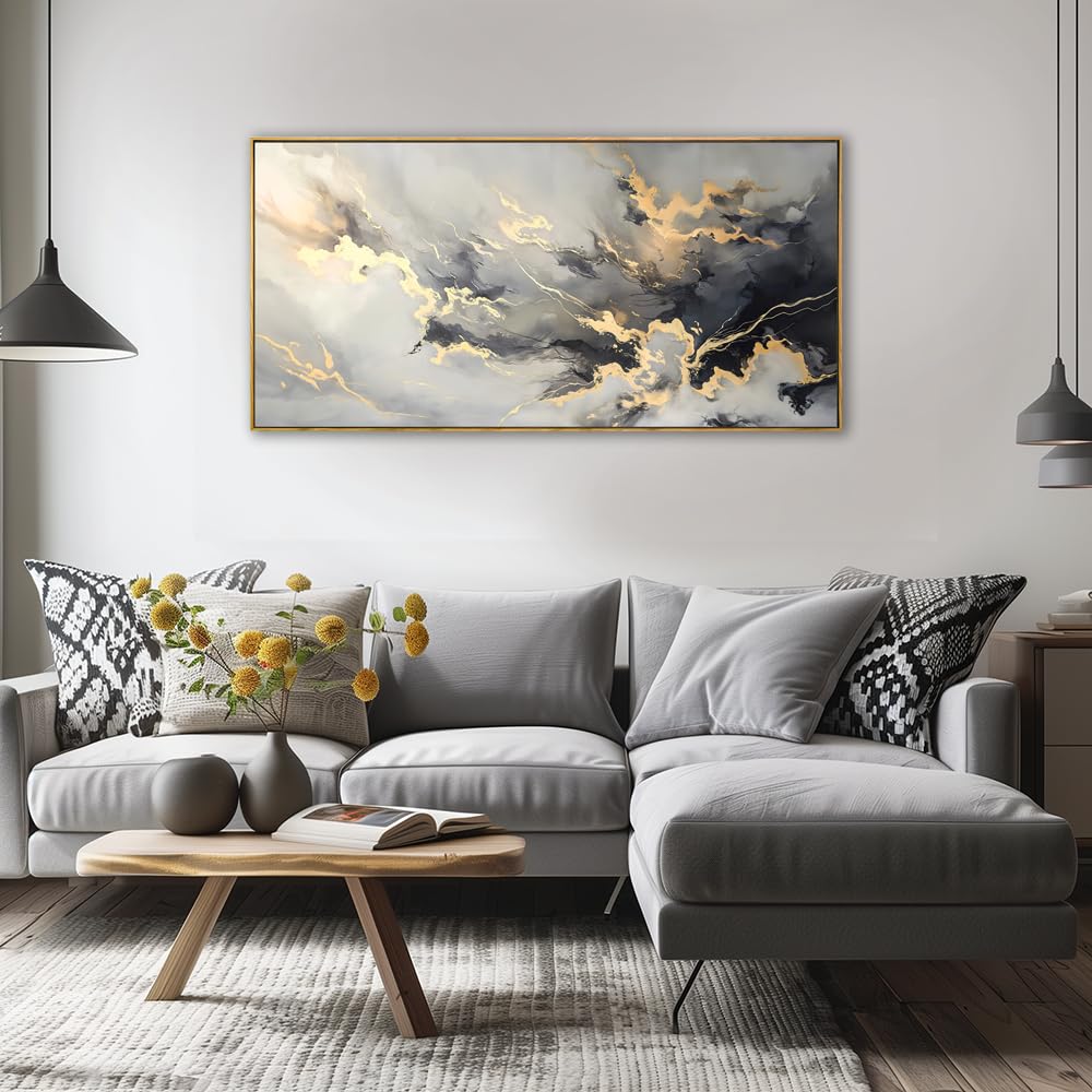 youkuart Wall Art Abstract Artwork Fluid Lines Marble Art Black and Gold Canvas Prints for Living Room Bedroom Dining Room Home Office Decor Large Framed Ready to Hang 20"x40"
