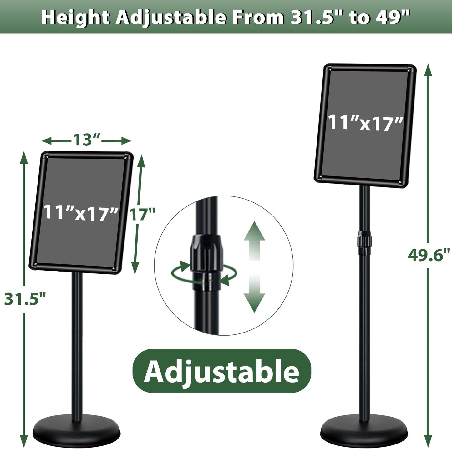 Mutualsign 11x17 inches Poster Stand Holder Adjustable Pedestal Floor Standing Sign Holder Vertical and Horizontal View Sign Display, Aluminum Snap Open Frame with Safety Corner, Black