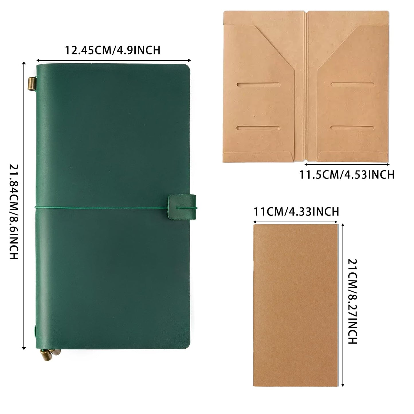 Ox Knight Refillable Leather Travelers Notebook, 8.6 x 4.9 Standard Size Travel Diary for Men and Women, Genuine Leather Travel Journal with 3 Notebook Inserts for Writing, Sketching & Planning, Green