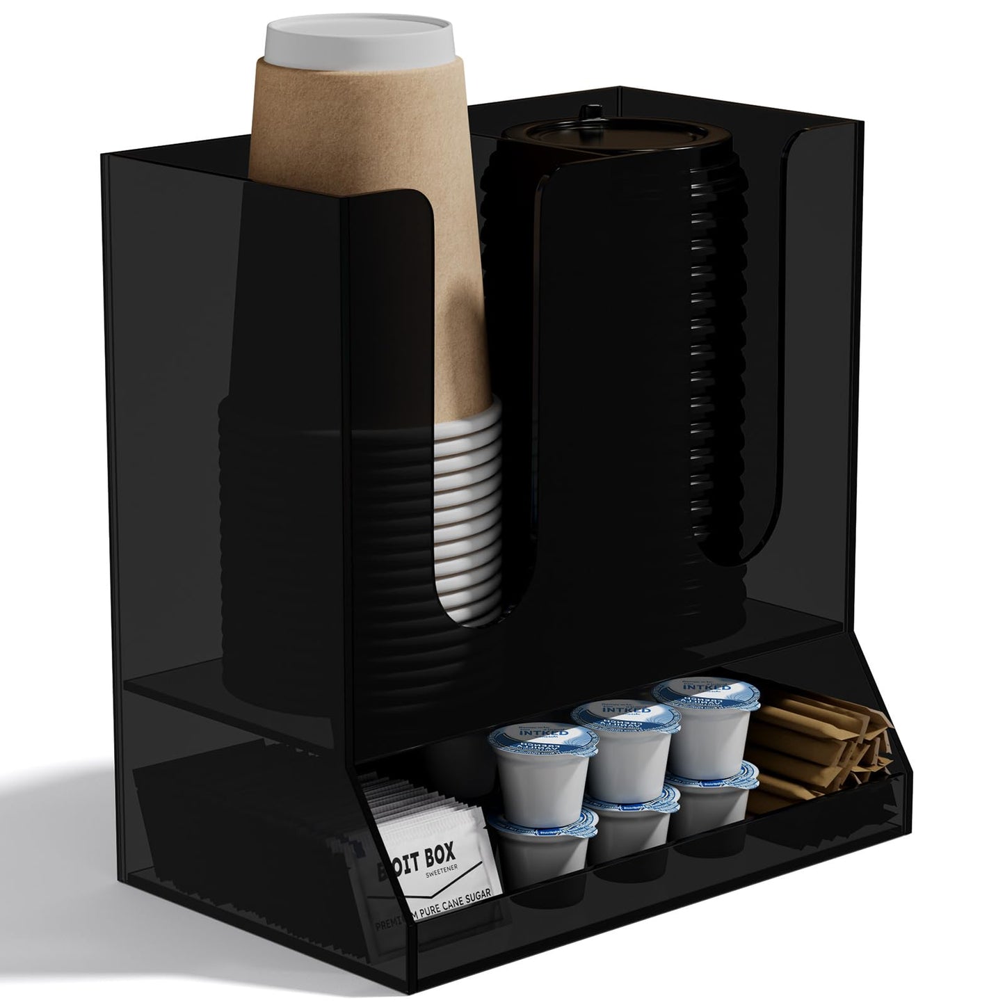 AITEE Acrylic Coffee Station Organizer for Countertop, Holds 20 Cups, All-in-One Coffee Cup and Lid Holder with Condiment Storage for Office Breakroom and Home Kitchen, Black