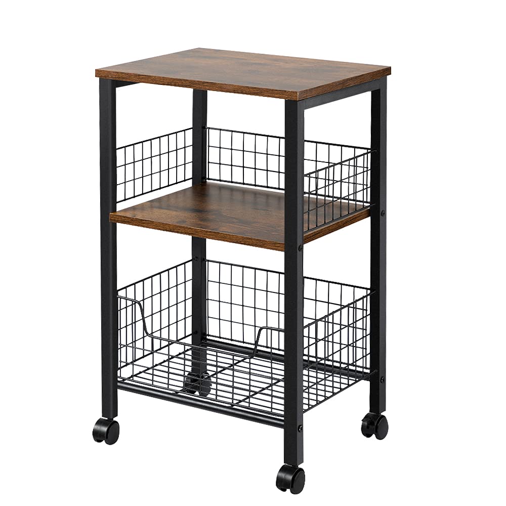 Hadulcet Small End Table, 3-Tier Side Table with Storage Basket, Industrial Style Side End Table for Living Room Bedroom Kitchen Bathroom, Rustic Brown