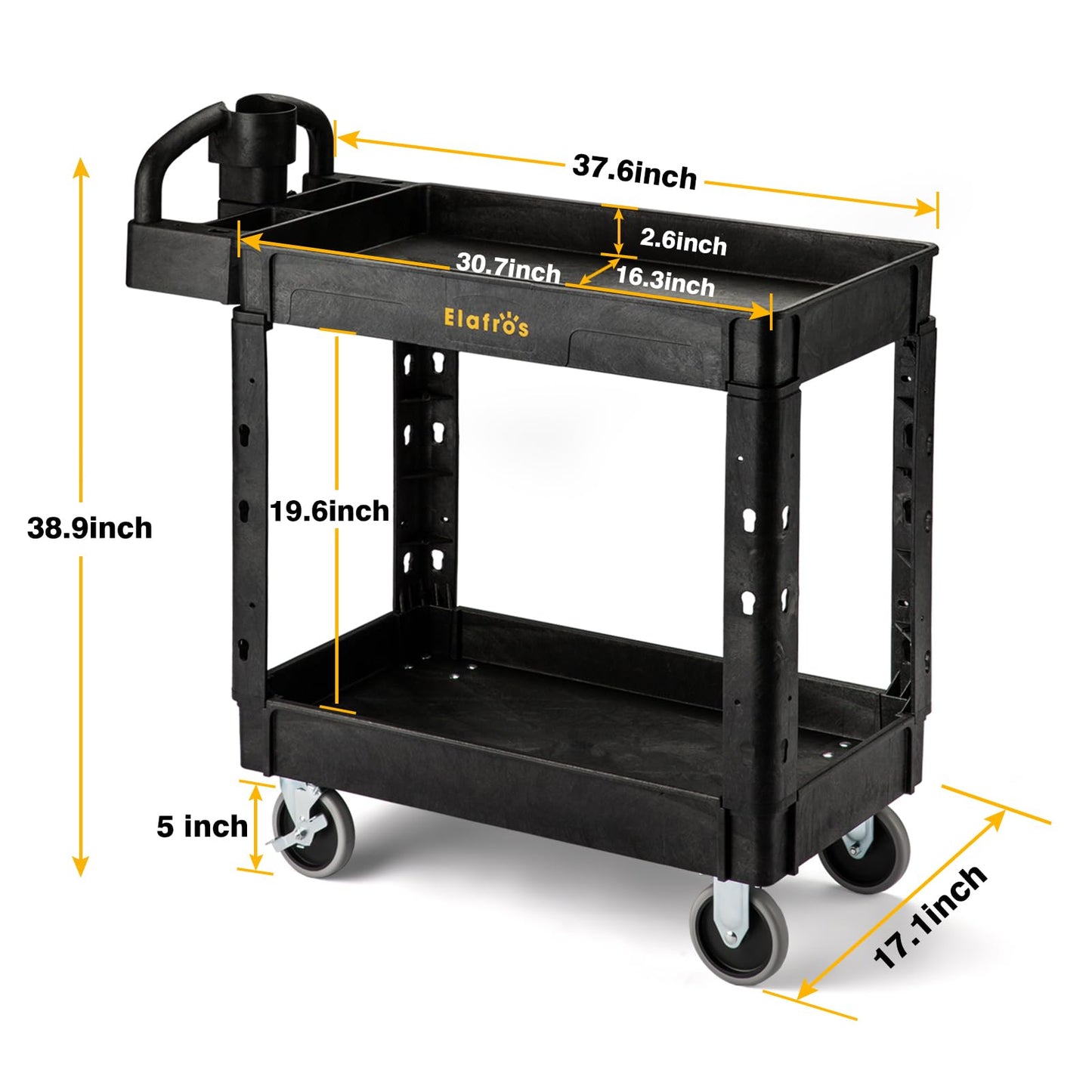 ELAFROS Utility Cart with Ergonomic Handle and Built-in Tool Compartments - 37.5" x 17" Work Cart W/Deep Shelves Safely Holds up to 550 lbs - 2 Tier Rolling Cart,Black