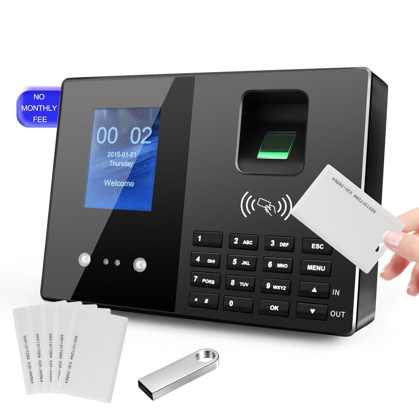 JIAN BOLAND Employee Time Clock, Fingerprint Badge Attendance Machine, 0 Monthly Fee Office Punch Clock for Small Business, 5 Badges Included - T200