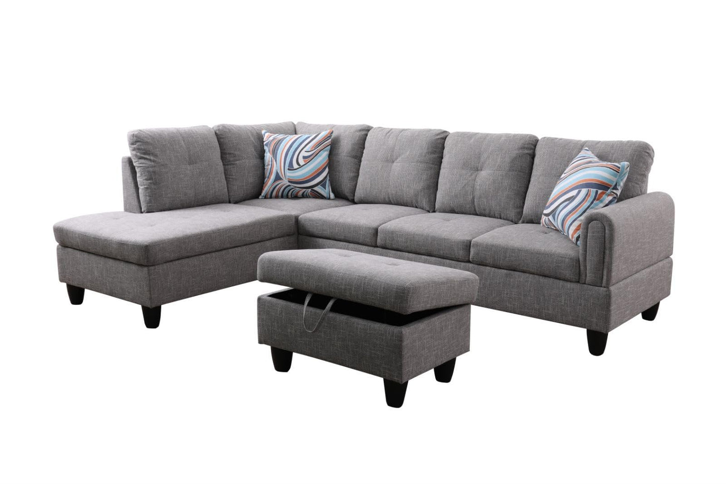 UOCFYK Grey-2 L-Shaped 3-Piece Linen Sofa with Storage Ottoman Set, Sectional Couch Sofa Set for Living Room, Office, Small Space