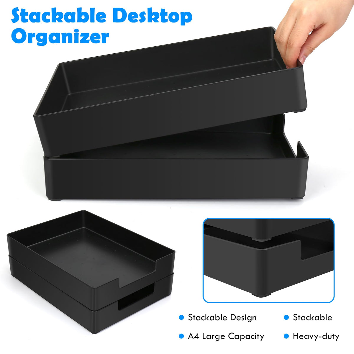 EsOfficce Letter-Size Tray, 2PCS Plastic Stackable A4 Paper Tray, Desk Drawer Organizer, Multi-use Large Storage Basket for Office Home Supplies,13 x 9.6 inch