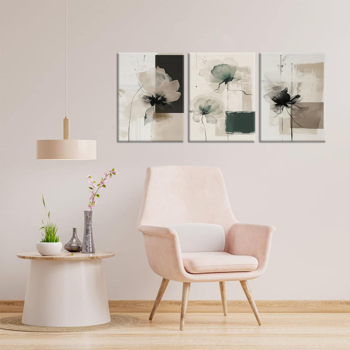 Neutral Abstract Floral Wall Art Set of 3 – Modern Beige & Black Minimalist Canvas Prints, Contemporary Large Flower Posters for Living Room Bedroom Bathroom Office Home Decor, Framed 24x16 Inch