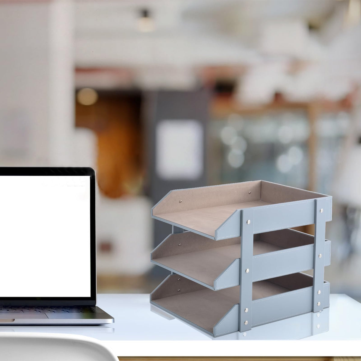 Leather Desk Organize Holder,3-Layer Stackable Letter Tray,Used to Store documents,Folders,Stationery,Magazines,Paper,and Other Home Office Supplies,Desk File Rack (Grey)