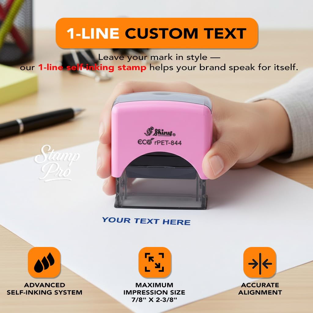 Stamp Pro Pink Self Inking 1 Line Custom Stamp – Personalized Name or Text Stamp for Home, School, Crafts & Business Use