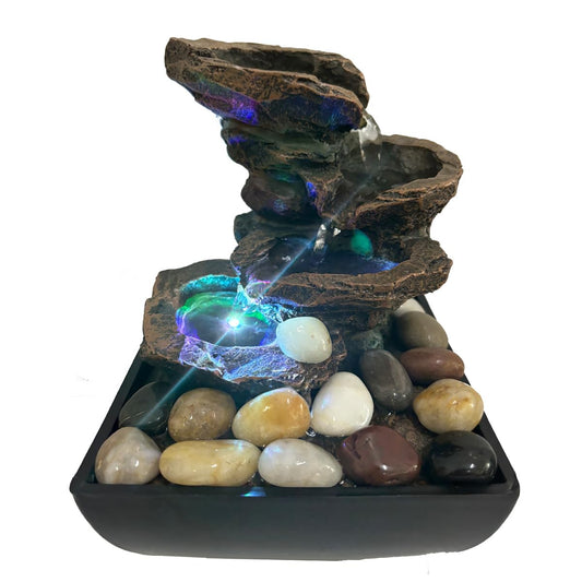 4 Level Small Waterfall Fountain, Indoor Tabletop Fountain with LED Color Lighting, Relaxing Water Feature Meditation Fountain for Home Office Bedroom Decoration (A)