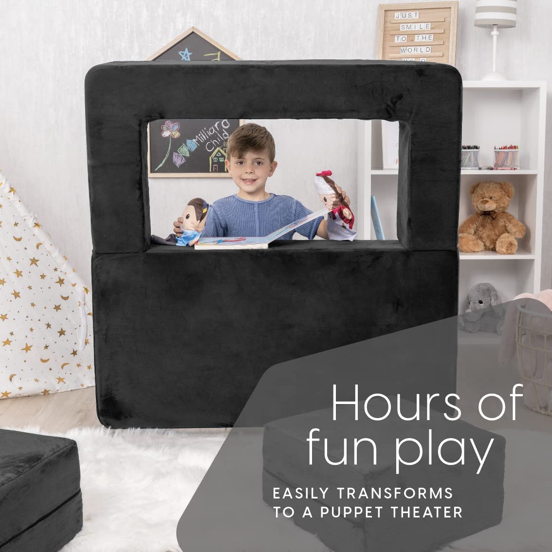 Milliard Kids Couch - Modular Kids Sofa for Toddler and Baby Playroom/Bedroom Furniture (Black) with Bonus Pillow