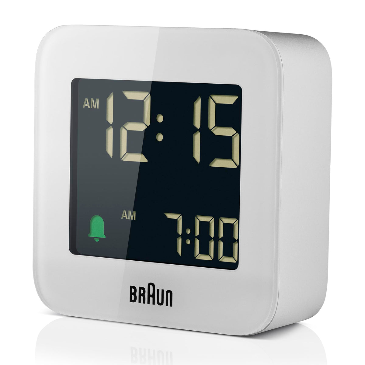Braun Digital Travel Alarm Clock with Snooze, Compact Size, Negative LCD Display, Quick Set,Crescendo Beep Alarm in White, Model BC08W.