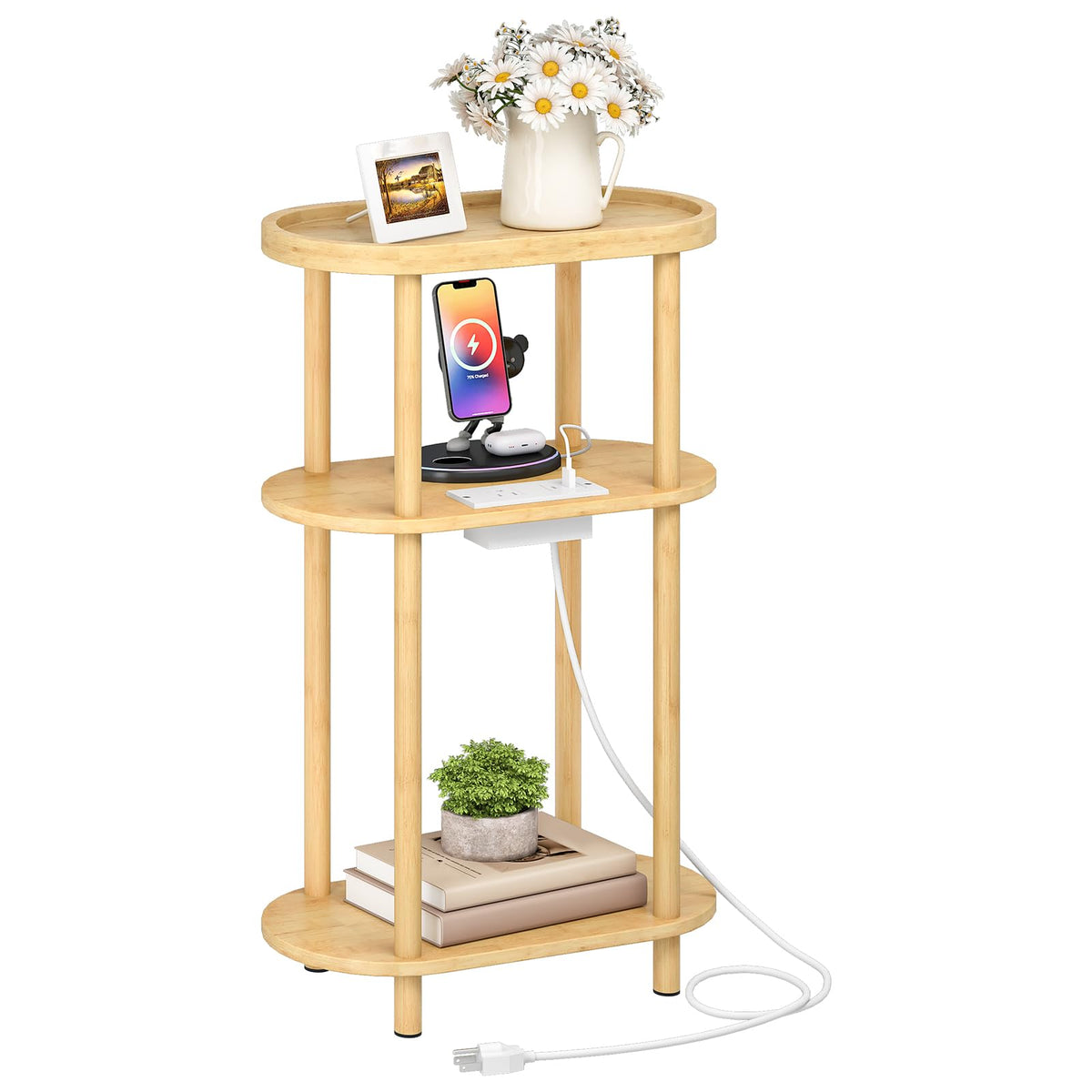 HOOBRO Small Narrow Side Table with Charging Station, 3-Tier Bamboo Narrow End Table, Slim Side Table for Small Spaces, Skinny Oval Nightstand for Living Room, Bedroom, Apartment, Natural YL178UBZ01