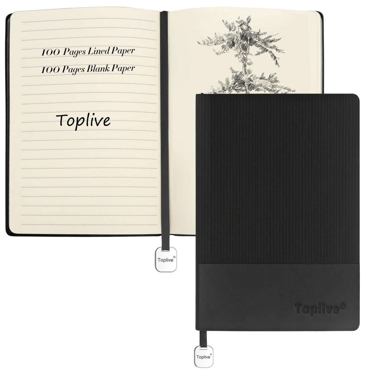 Toplive A5 Journal Notebook Soft Flexible Leather Cover, Premium Thick Lined and Blank Paper Double Layout 8.26" x 5.7" with Metal Bookmark, Black