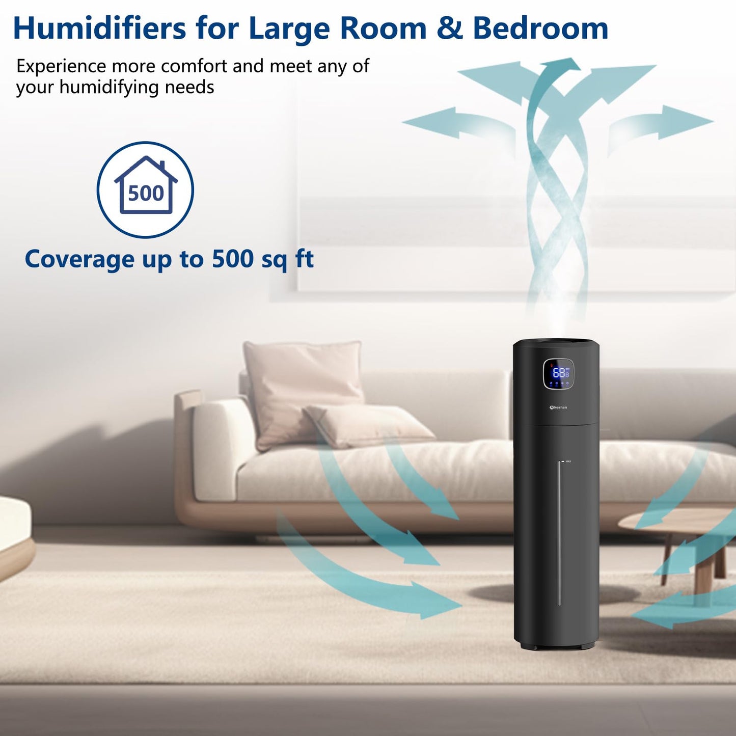Akeshan Large Humidifiers for Bedroom, 9L/2.5Gal Ultrasonic Cool Mist, Top Fill Easy Clean with 350ML/H Mist Speed, Quiet, Suitable for Kids Room Plant Yoga Office Study Room Living (Black, Round)