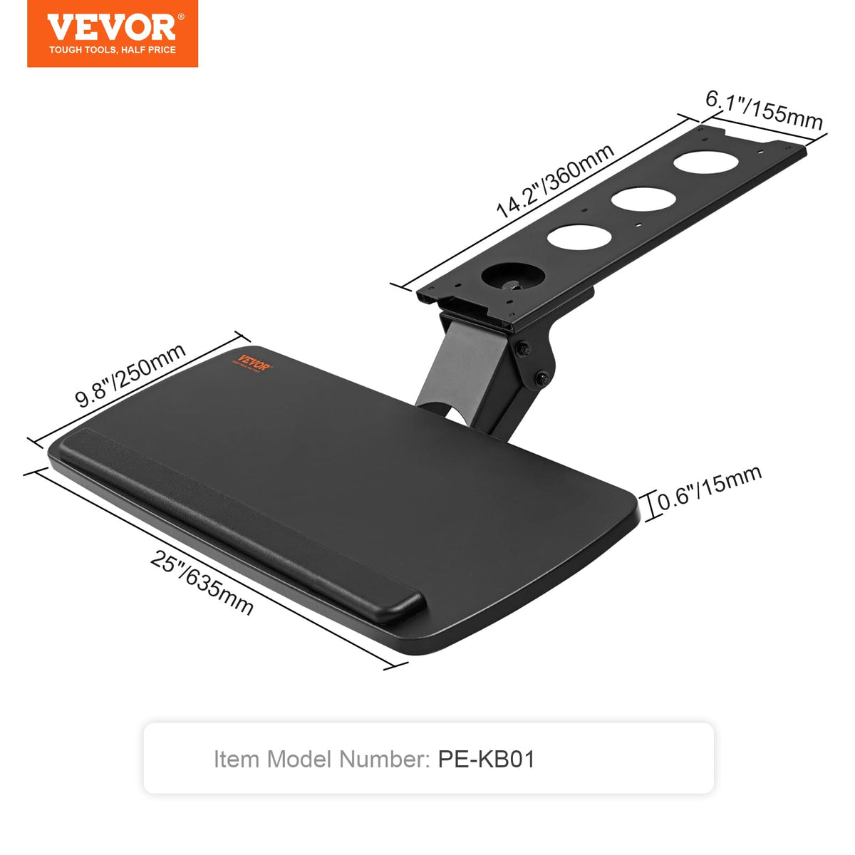 VEVOR Under-Desk Keyboard Tray, Adjustable for Height and Tilt, Slide-Out Design, Spacious 25x9.8 Inch Surface, Ideal for Home and Office Use