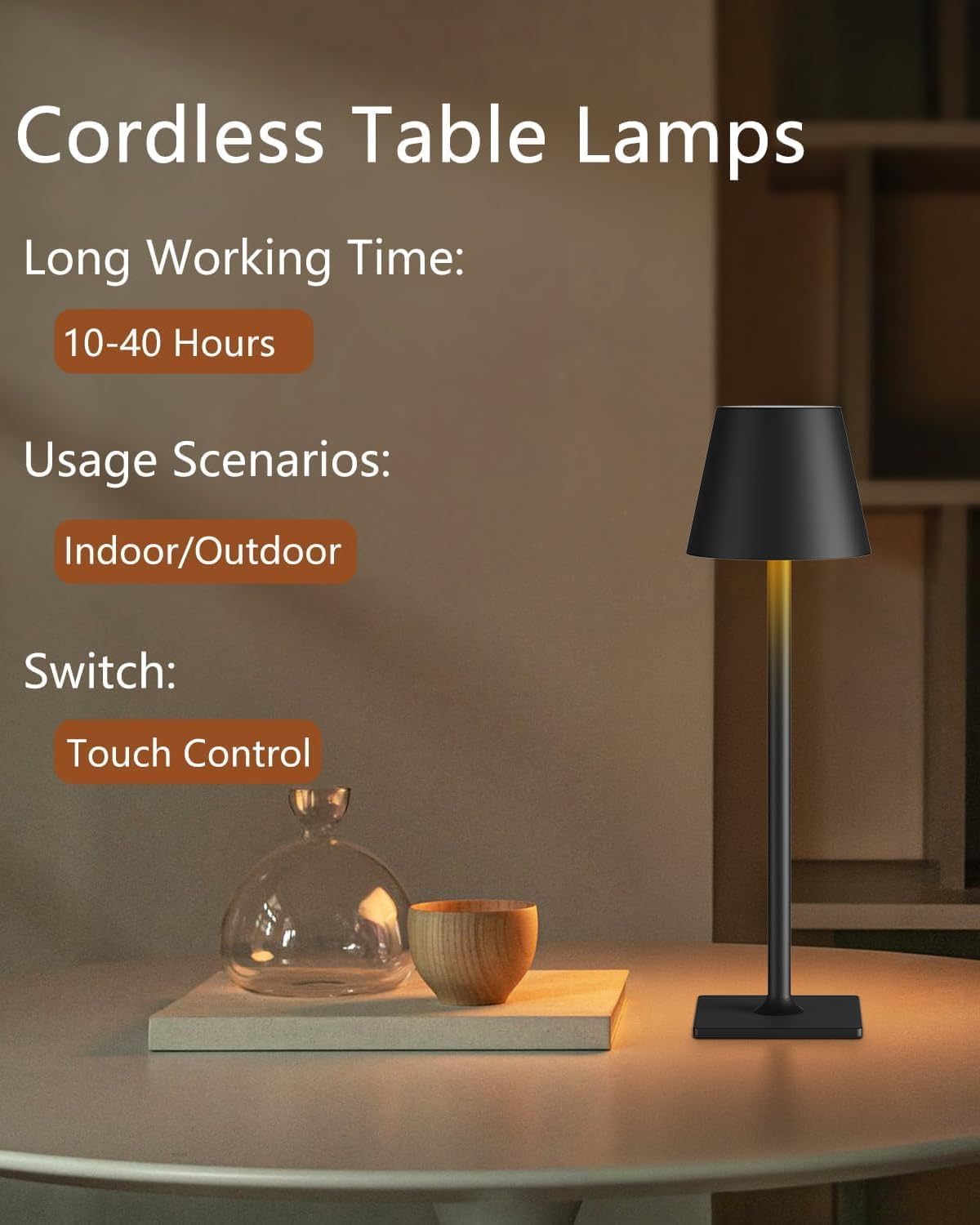 Fizrice Cordless Table Lamp Rechargeable Lamps: 6000mAh Battery Operated Table Lamp Outdoor Waterproof, Touch Control, Portable Wireless Desk Lamp for Dinner/Bedroom/Restaurant(Black 2 Pack)