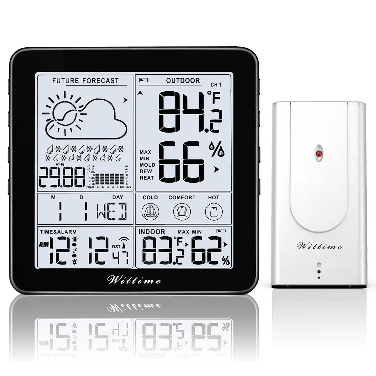 Wittime Weather Station Indoor Outdoor Thermometer Wireless Battery Powered, Atomic Clock with Indoor Outdoor Temperature Weather Clock, Dew Mold Heat Index 2180