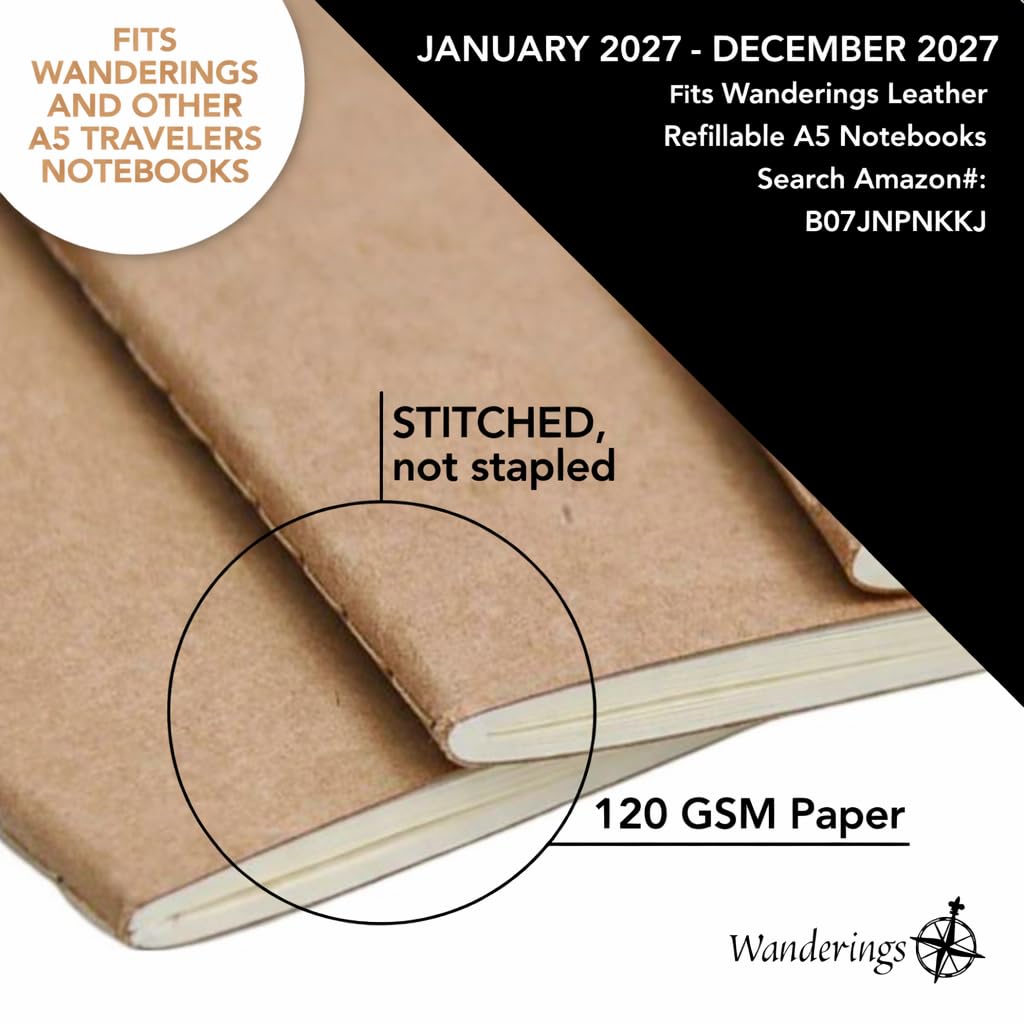 Wanderings A5 Traveler's Notebook Calendar Refill Inserts - 5.8''x 8.4'' (14.2cm x 21 cm) - January 2027 - December 2027 - A5 Calendar Planner Refills For Leather Travel Journals, Diaries and Planners