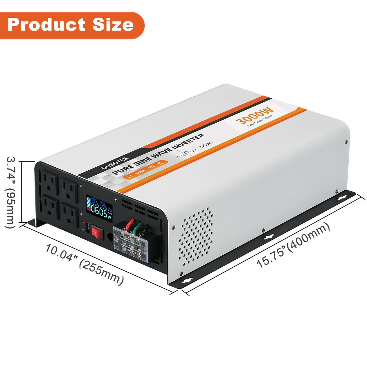 OUBOTEK 3000 Watt Pure Sine Wave Inverter, DC 12V to AC 120V with LCD Display, Remote Control, USB Port, 4 AC Outlets, and Terminal Block for RV Boat Camping Solar System and Home Use