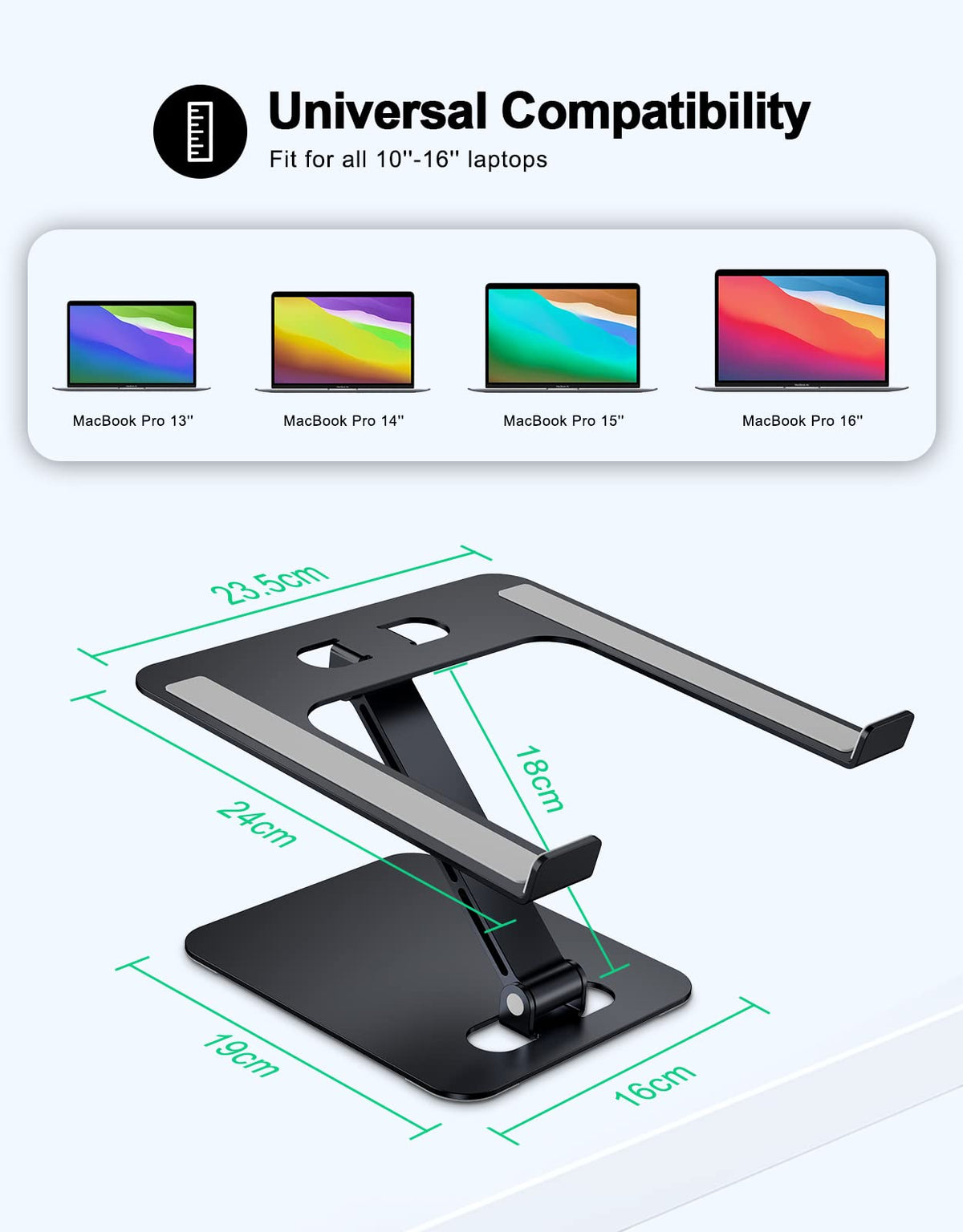 RIWUCT Foldable Laptop Stand, Height Adjustable Ergonomic Computer Stand for Desk, Aluminum Portable Laptop Riser Holder Notebook Mount Compatible with MacBook Pro Air, HP, Dell 10-16"(Black)