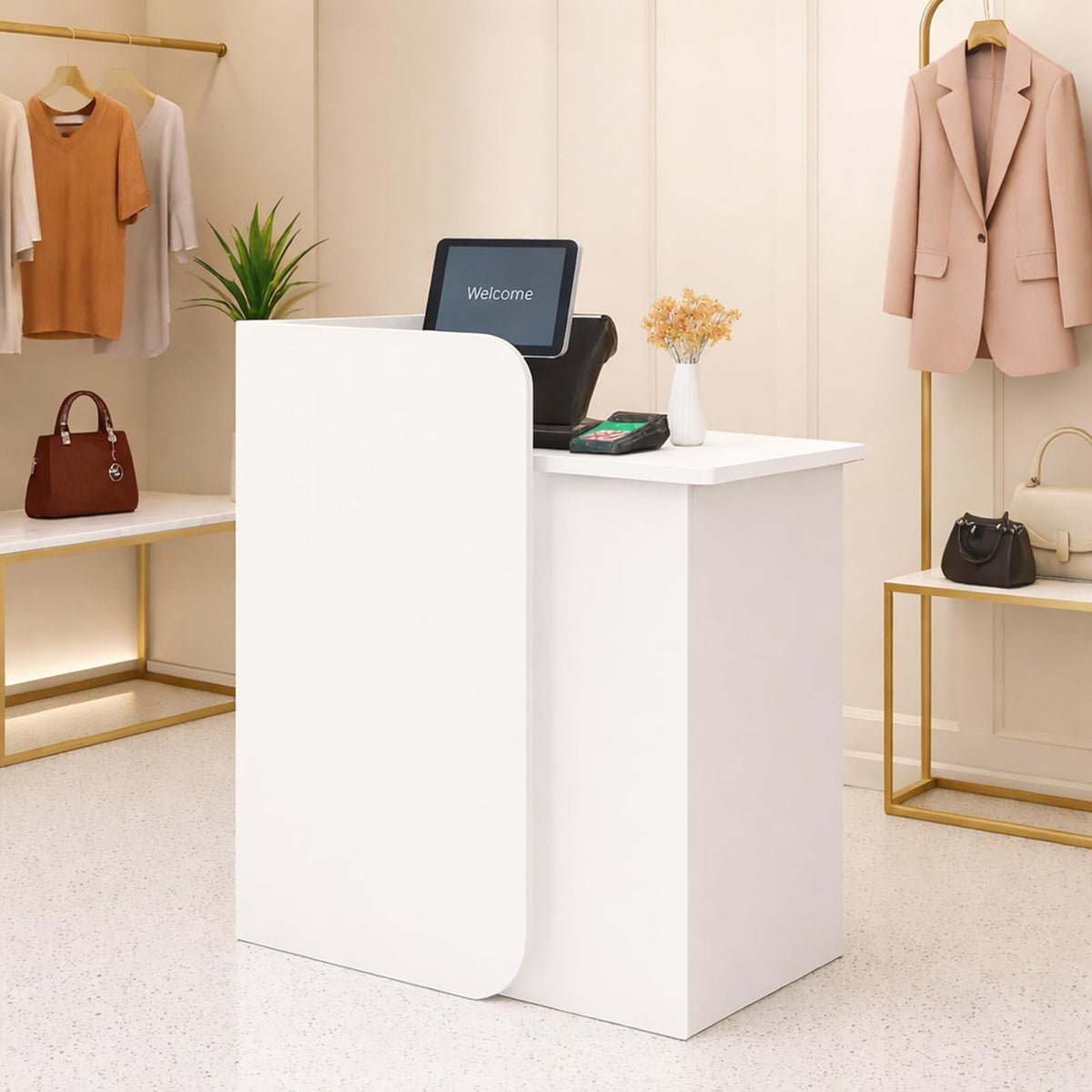Small Reception Desk with Drawer, Compact Front Counter for Studio, Salon, Spa, Boutique — Modern Minimalist Check-in Table with Smooth Edge, Welcome Desk for Small Space (White, 23.6 in)