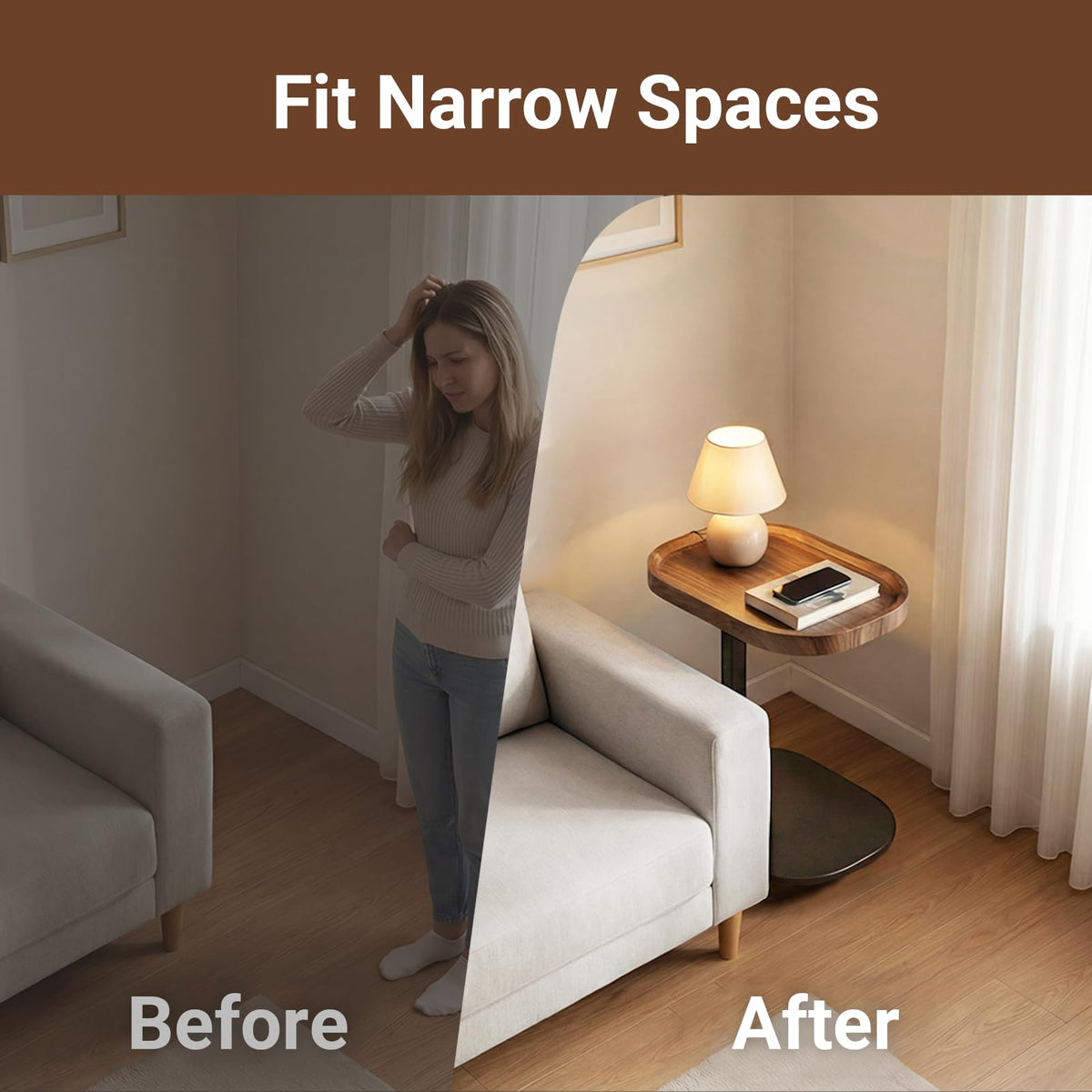 Eansstofars Adjustable Height TV Dinner Tray Table for Eating, 360°Swivel Small C Shaped End Side Table for Living Room, Bedroom,Hospital, Couch Armrest Table that Slide Under Sofa, Bed, Desk